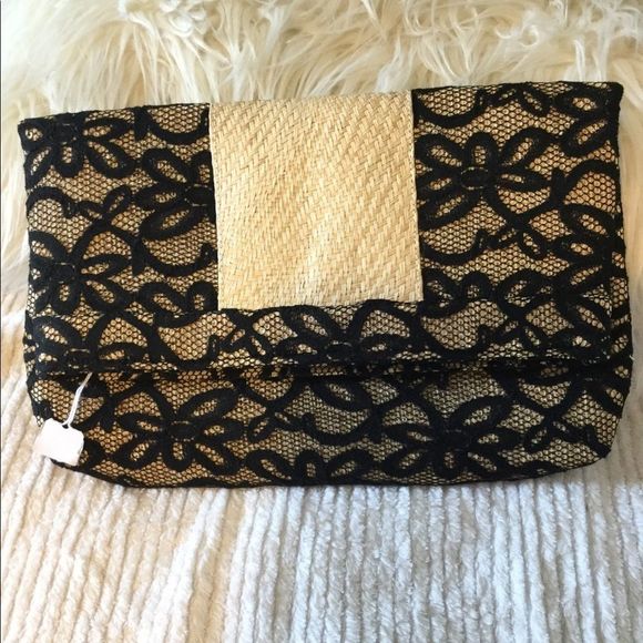 Straw and black lace woven party clutch bag 12x8 - Picture 4 of 7